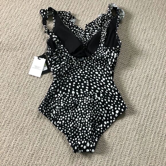 DKNY Fluttered Swimsuit Womens Black White Polka Dot Size 4 One Piece Ruffle - Picture 6 of 8